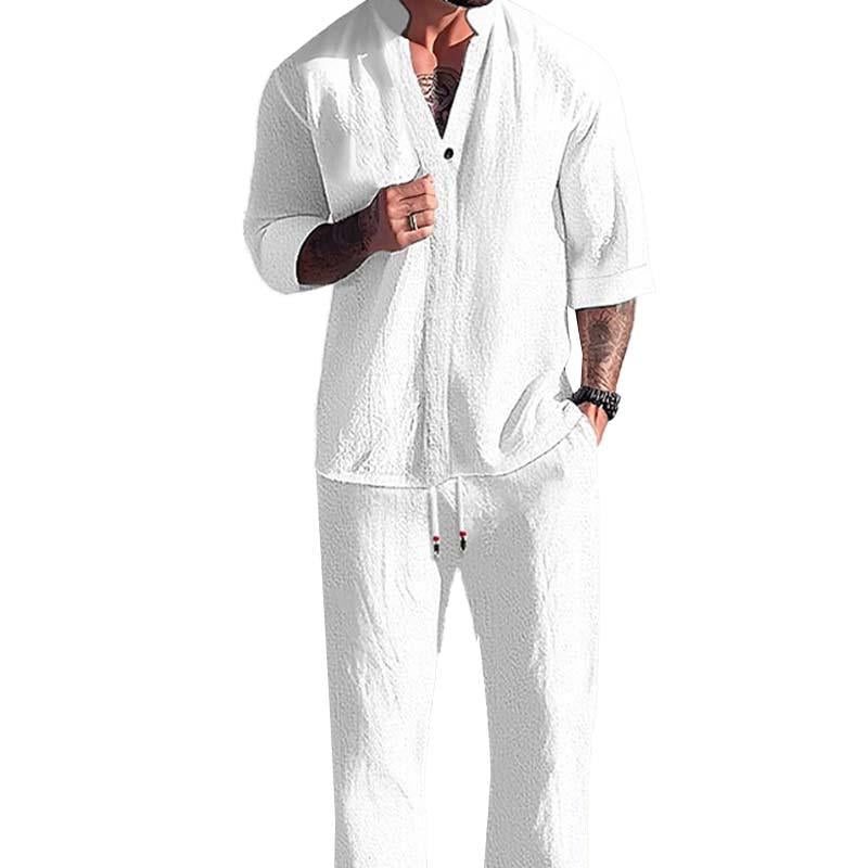 Cotton-Linen Short Sleeve Shirt and Trousers Set for Men