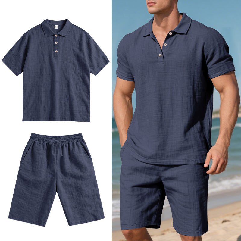Linen Polo Shirt and Shorts Set for Men - Navy
