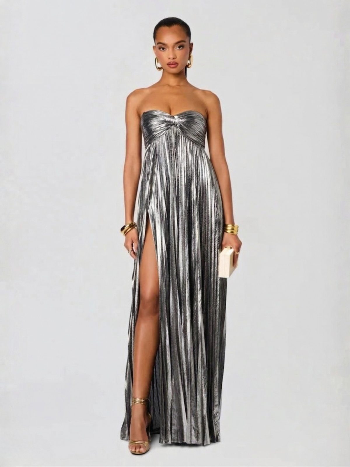 Strapless Wedding Guest Maxi Dress with Twisted Bodice and High Split for Women - Silver