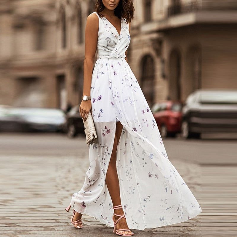 V-Neck Wedding Guest Maxi Dress with Split for Women - White