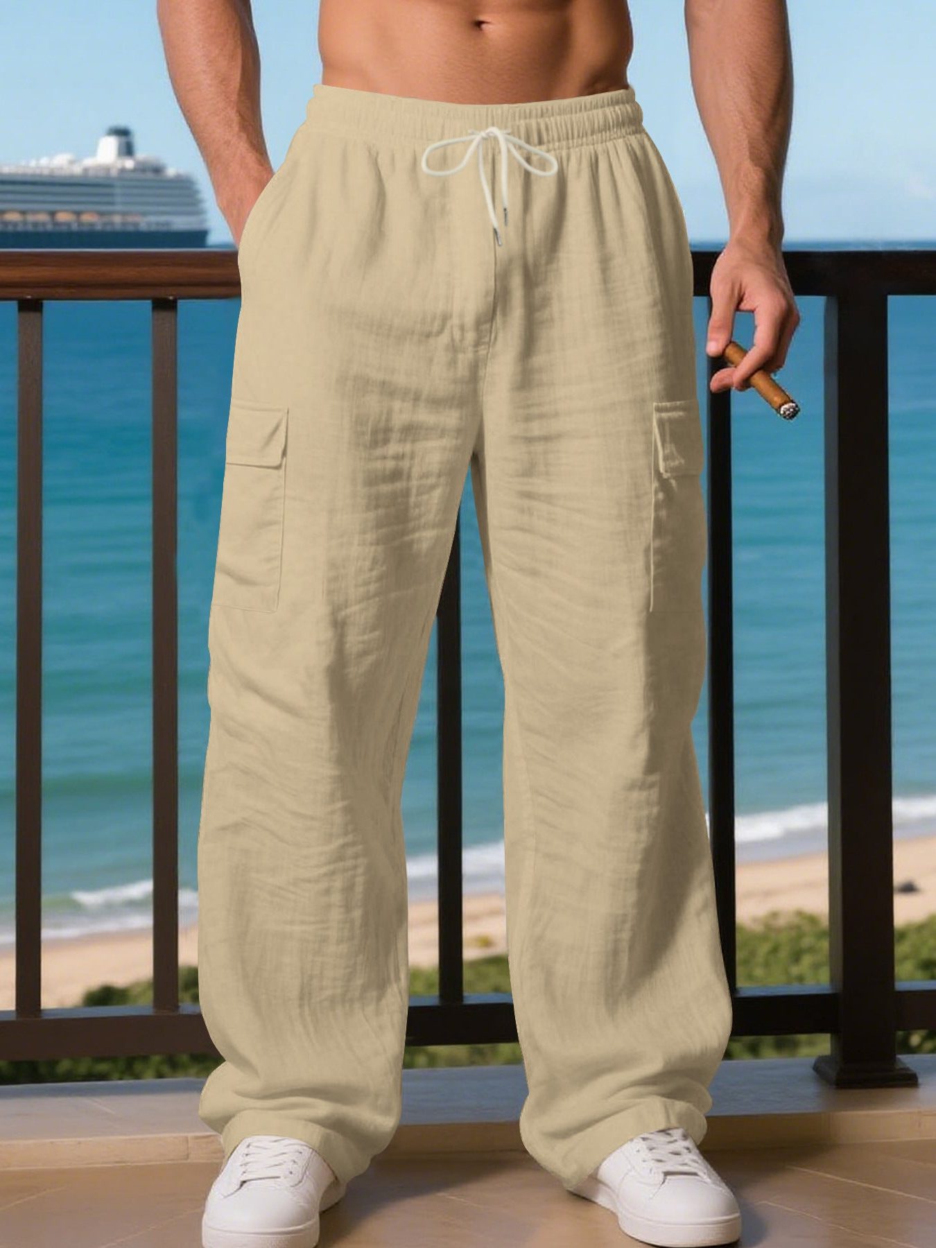 Linen Cargo Trousers with Drawstring Waist for Men - Khaki