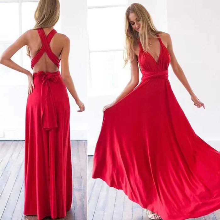 Halter Neck Wedding Guest Maxi Dress for Women - Red