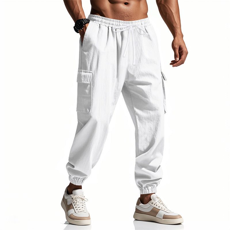Linen Cargo Joggers with Tapered Ankle for Men - White