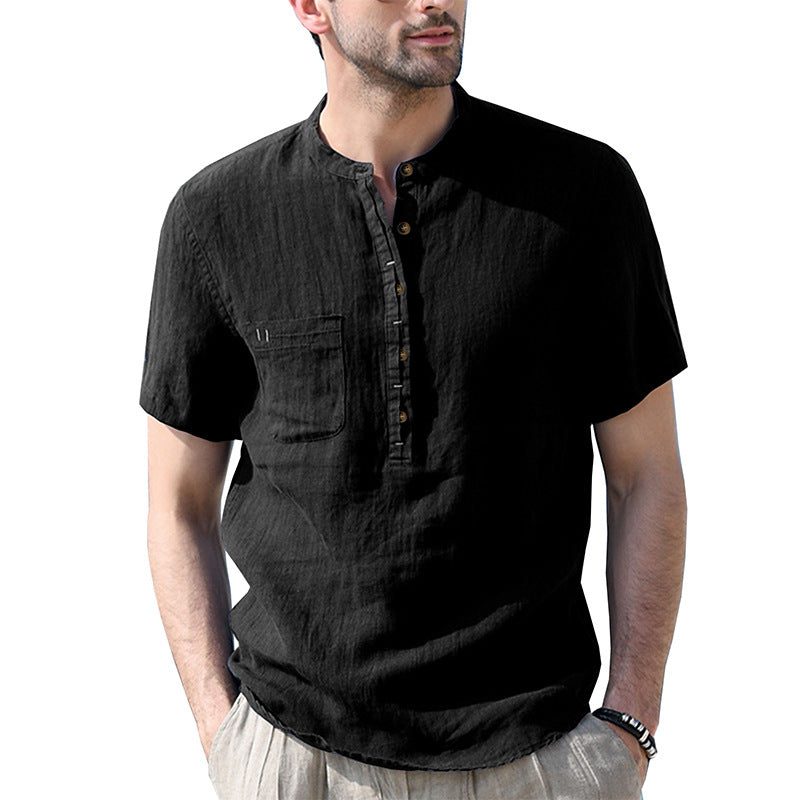 Linen Short Sleeve Henley Shirt for Men - Black