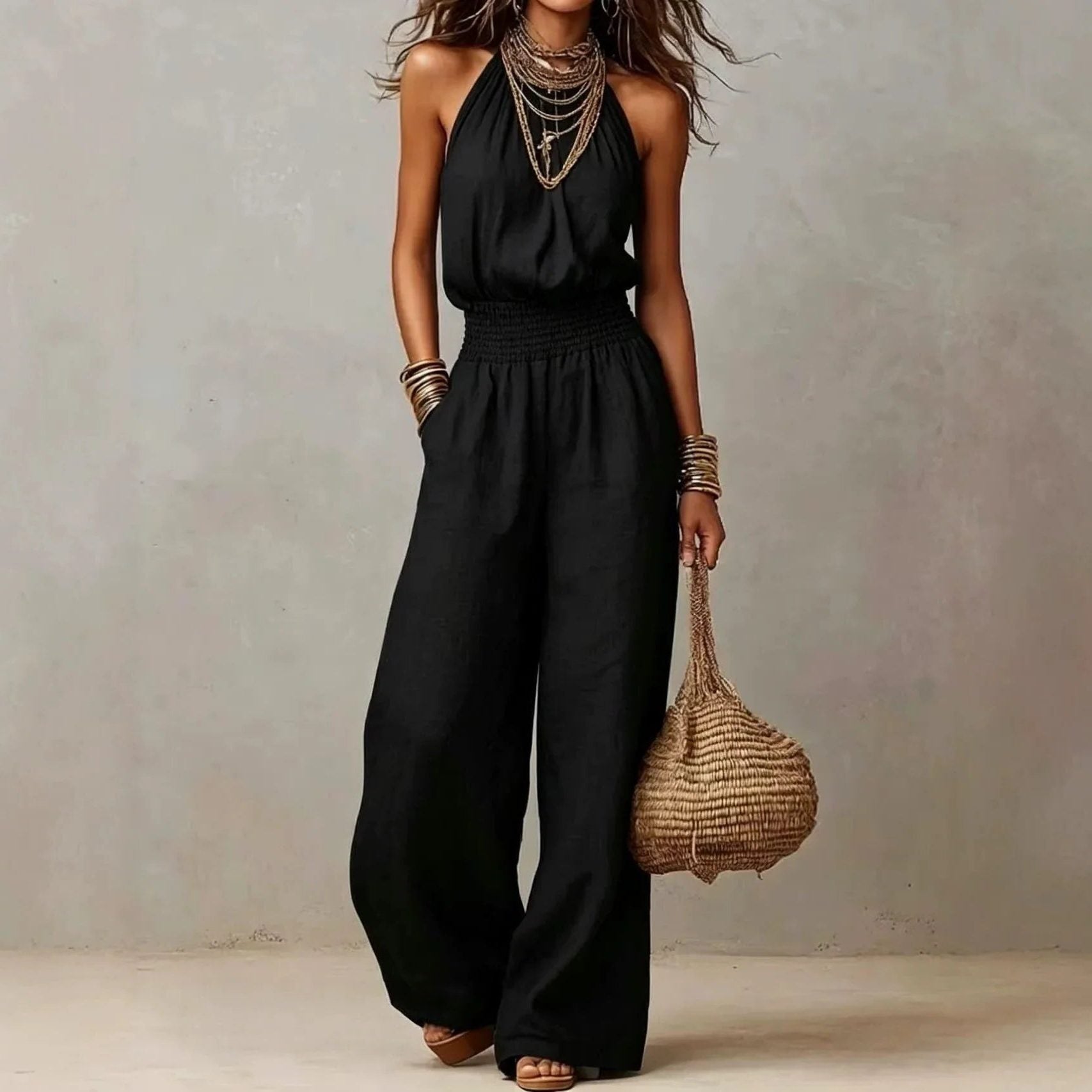 Wide Leg Halterneck Jumpsuit for Women - Black