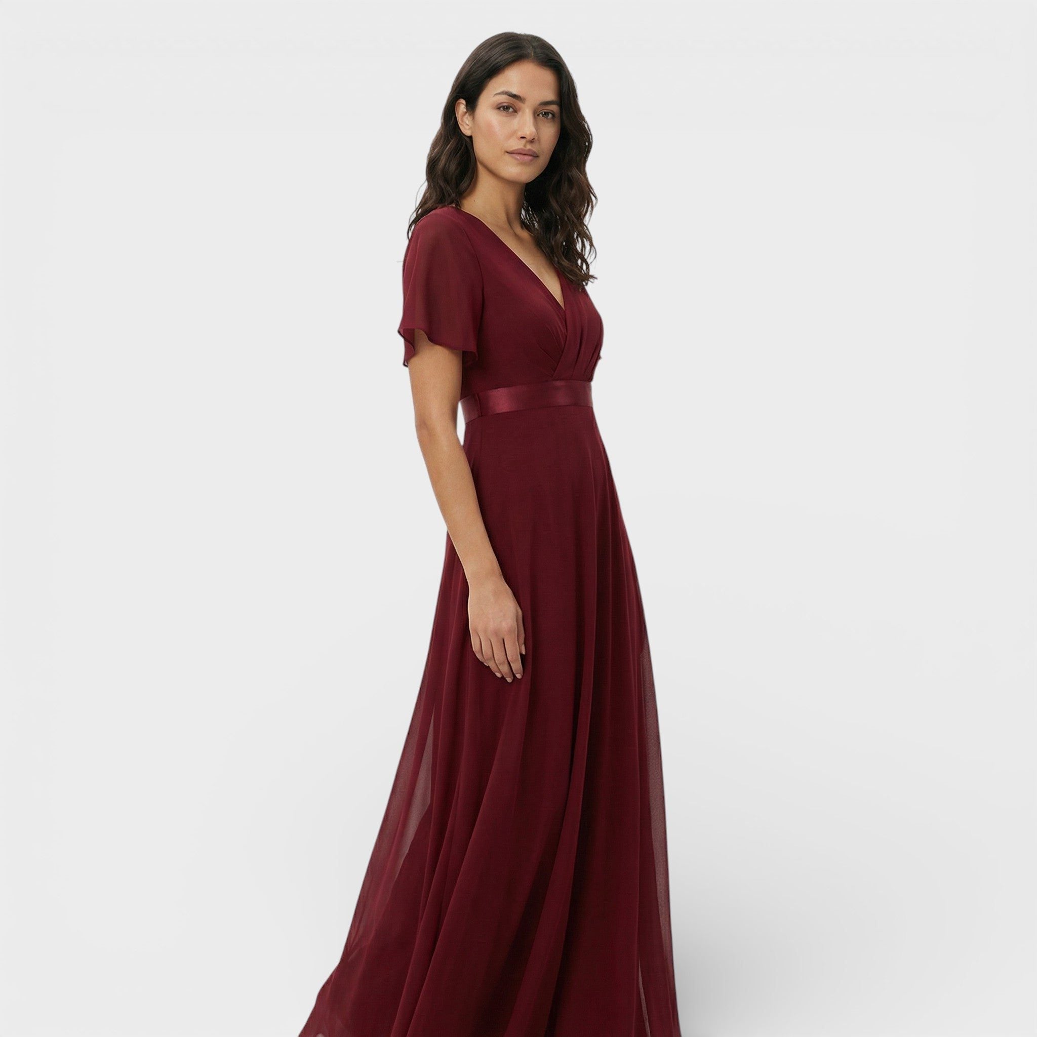 V-Neck Pleated Wedding Guest Maxi Dress for Women - Red