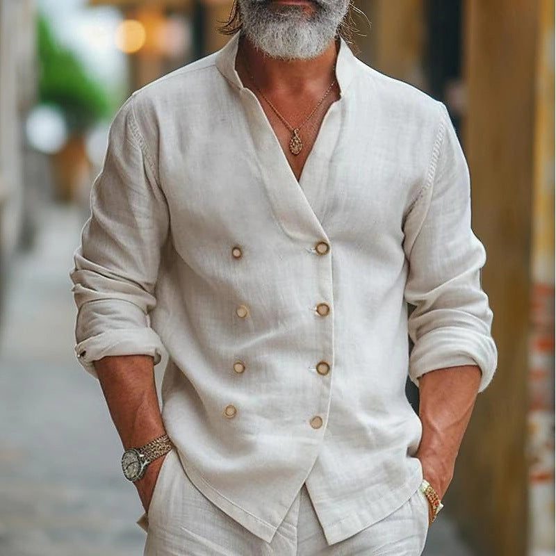 Double-Breasted Linen Shirt with Stand Collar for Men - View 4