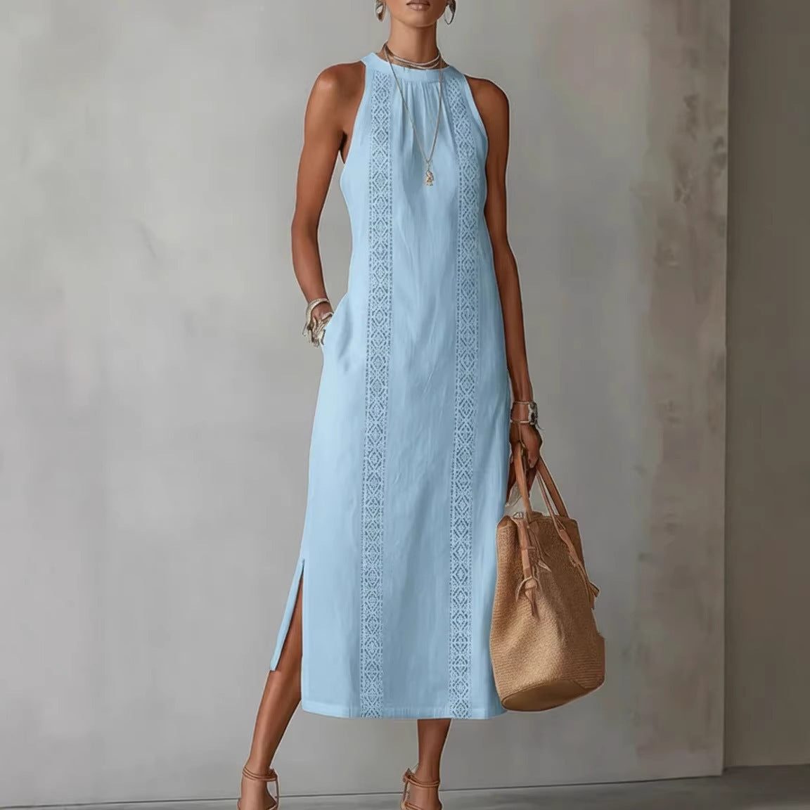 Lace Appliqué Wedding Guest Maxi Dress with Side Slit for Women - View 3