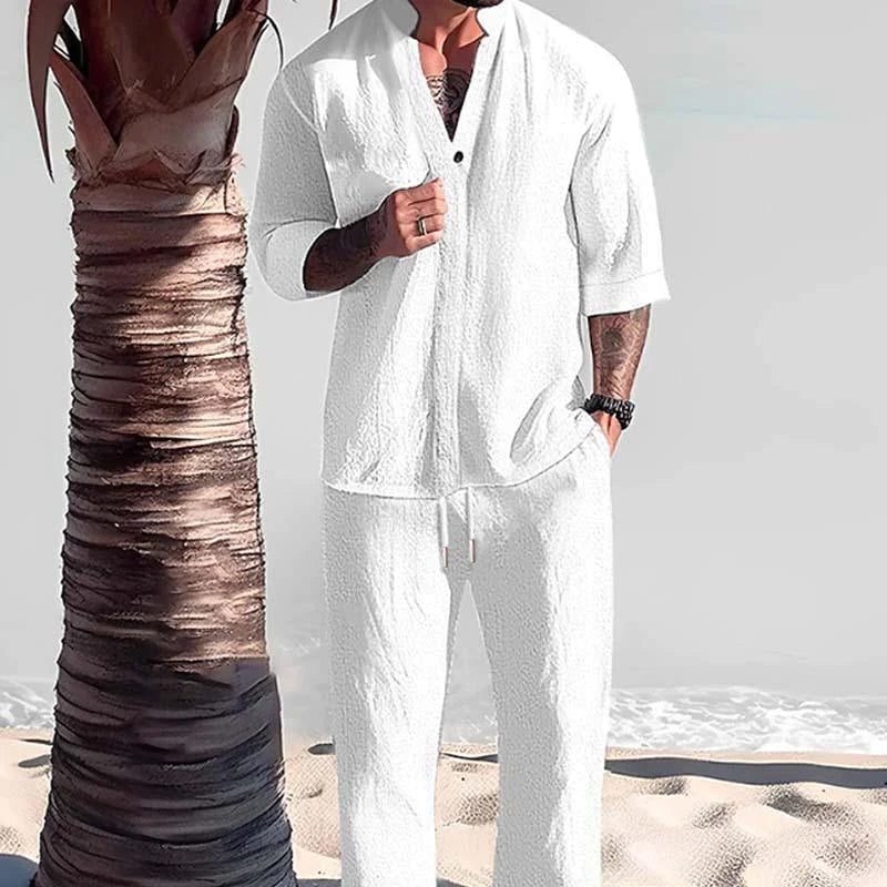 Cotton-Linen Short Sleeve Shirt and Trousers Set for Men - View 2