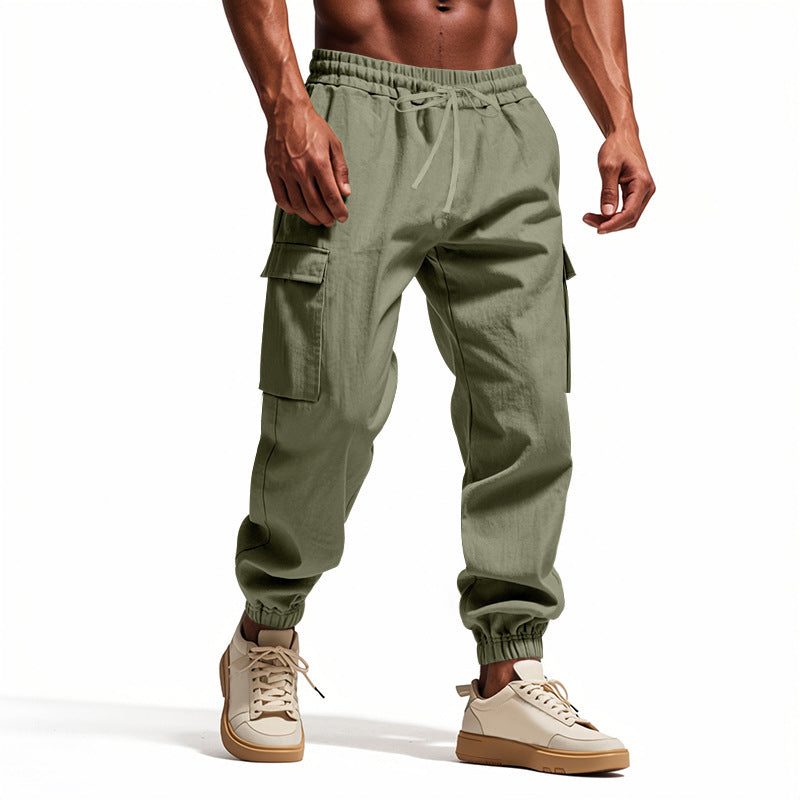 Linen Cargo Joggers with Tapered Ankle for Men - Olive