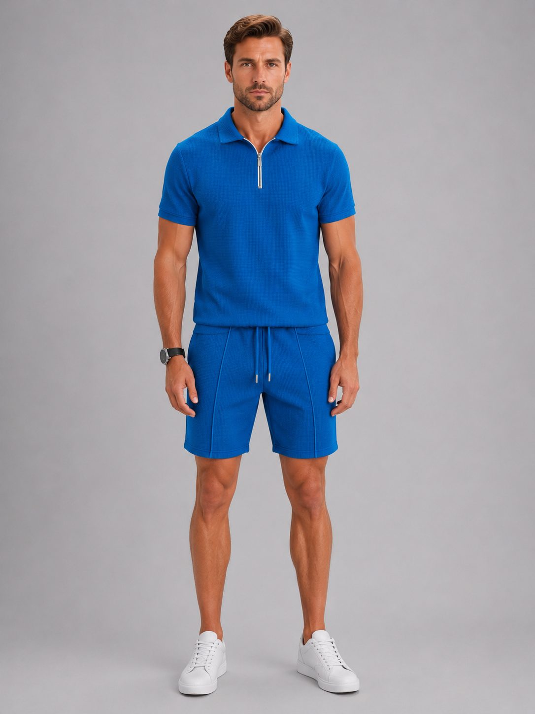 Ribbed Knit Zip Polo Shorts Set for Men - Blue