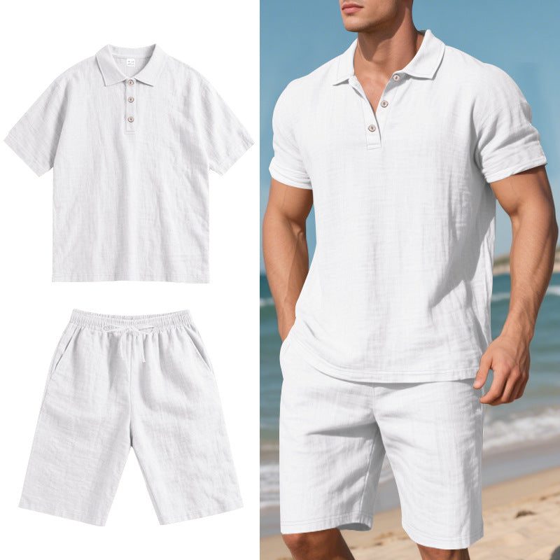 Linen Polo Shirt and Shorts Set for Men - White