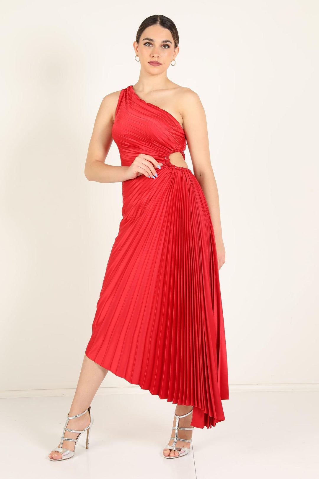 Halterneck Wedding Guest Pleated Maxi Dress for Women - Red