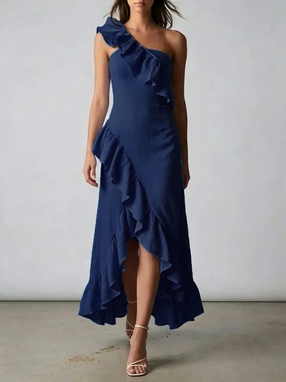 One-Shoulder Ruffle Midi Dress for Women - Dark Blue
