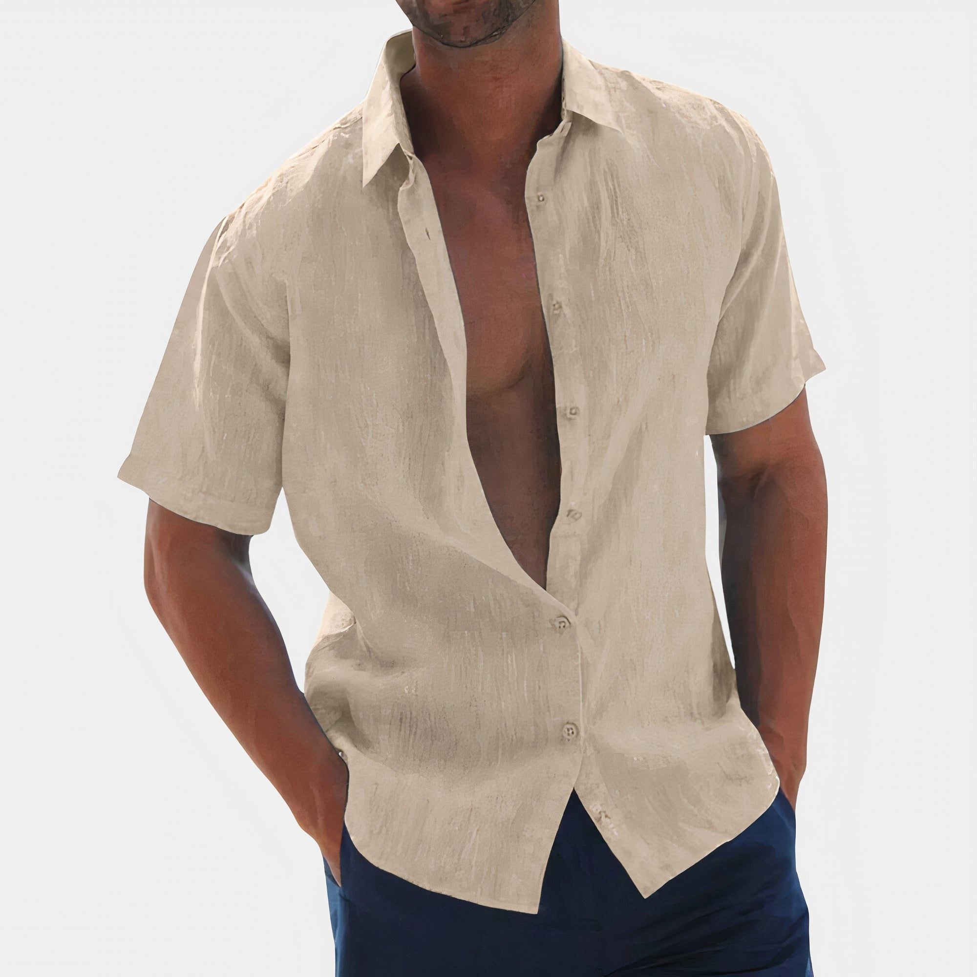 Short-Sleeve Linen Button-Down Shirt for Men - Khaki