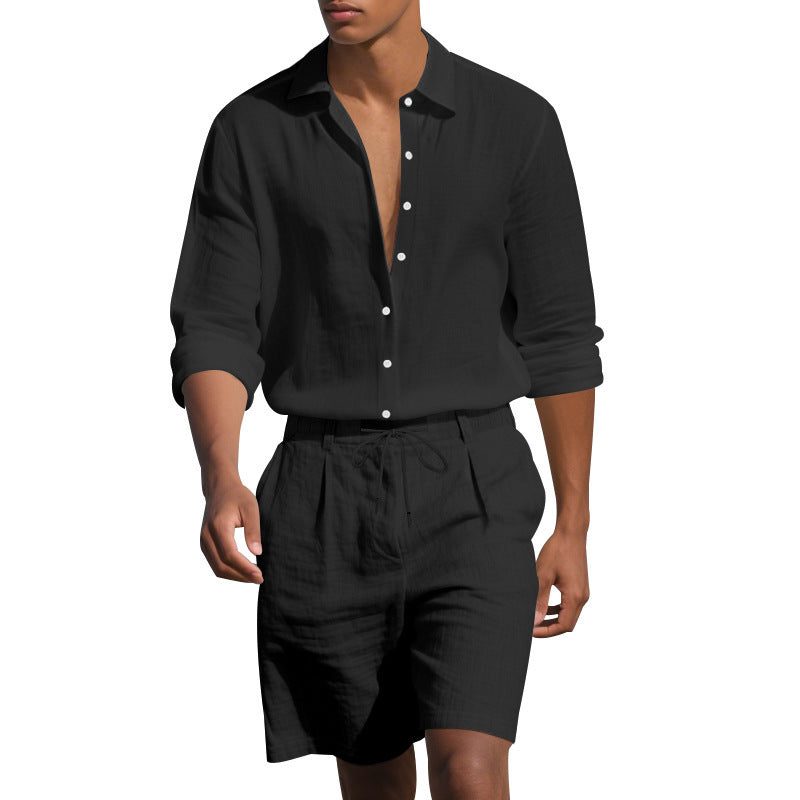 Linen Revere Collar Shirt with Drawstring Shorts Set for Men - Black