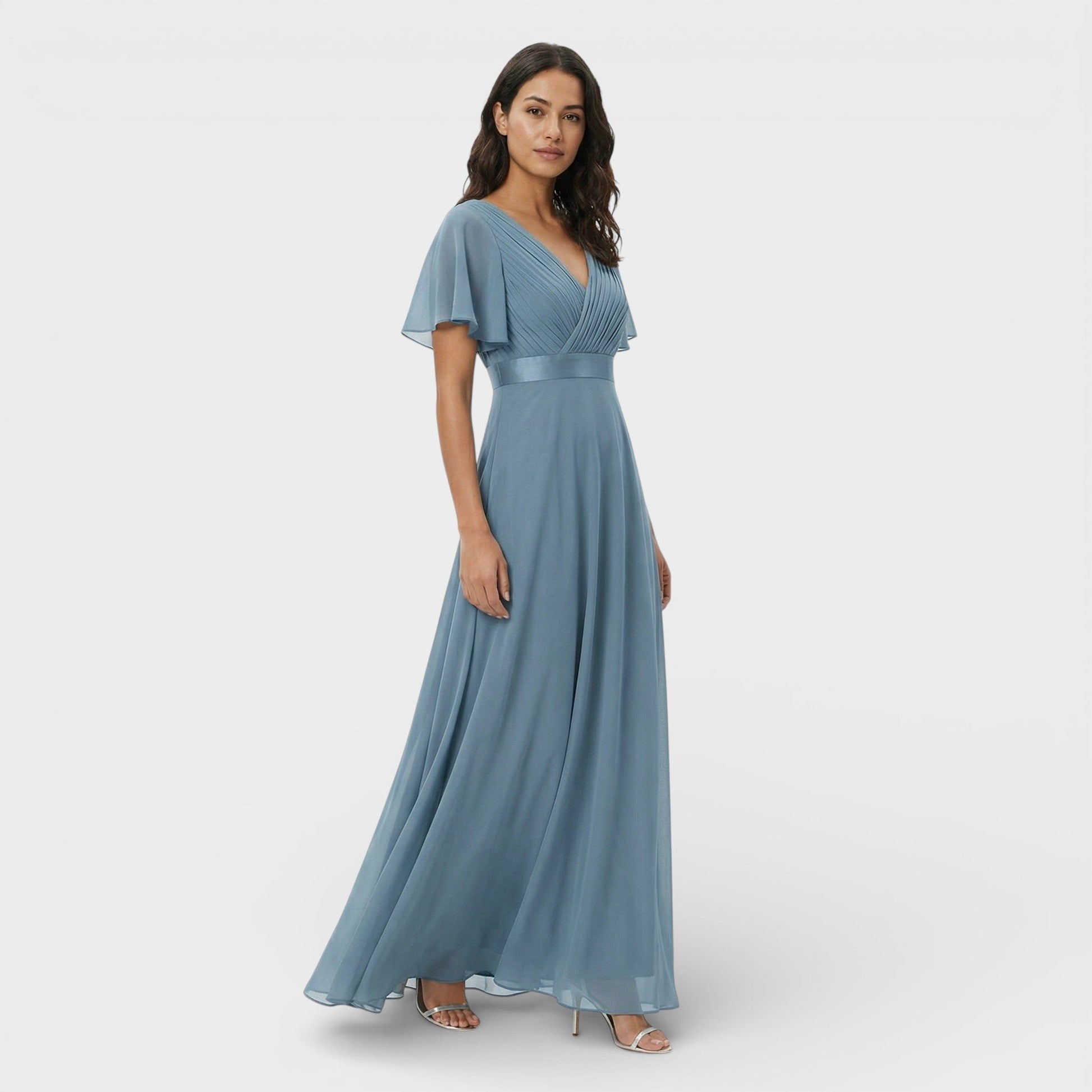 V-Neck Pleated Wedding Guest Maxi Dress for Women - Light Blue