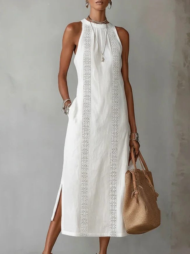 Lace Appliqué Wedding Guest Maxi Dress with Side Slit for Women - White