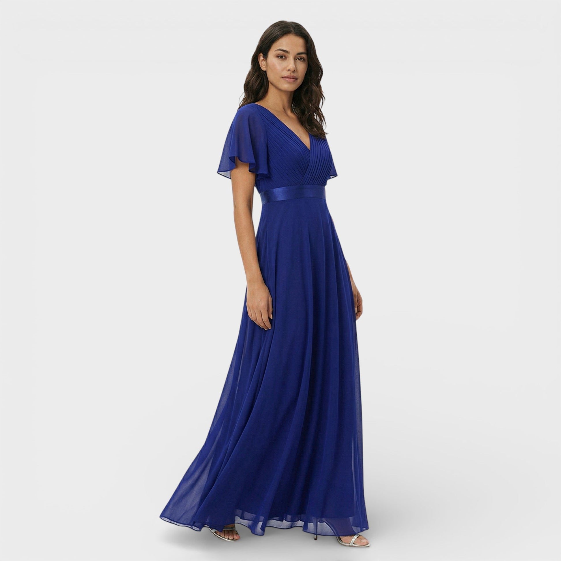 V-Neck Pleated Wedding Guest Maxi Dress for Women - Dark Blue