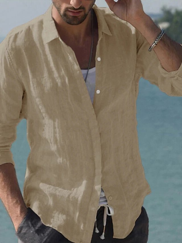 Linen Revere Collar Shirt for Men - Apricot