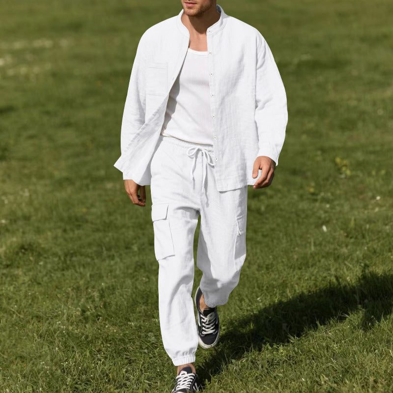 Linen Cargo Shirt and Trousers Set for Men - White