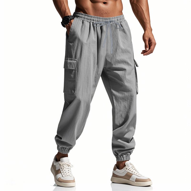Linen Cargo Joggers with Tapered Ankle for Men - Grey