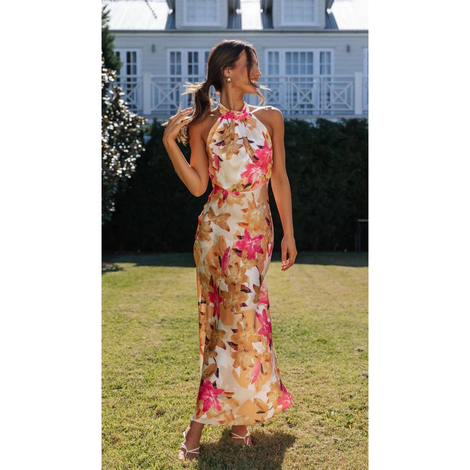 Halterneck Floral Maxi Dress Wedding Guest for Women - Magenta