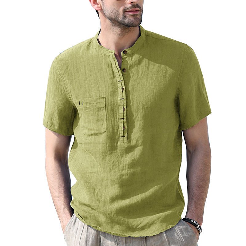 Linen Short Sleeve Henley Shirt for Men - Ginger Yellow