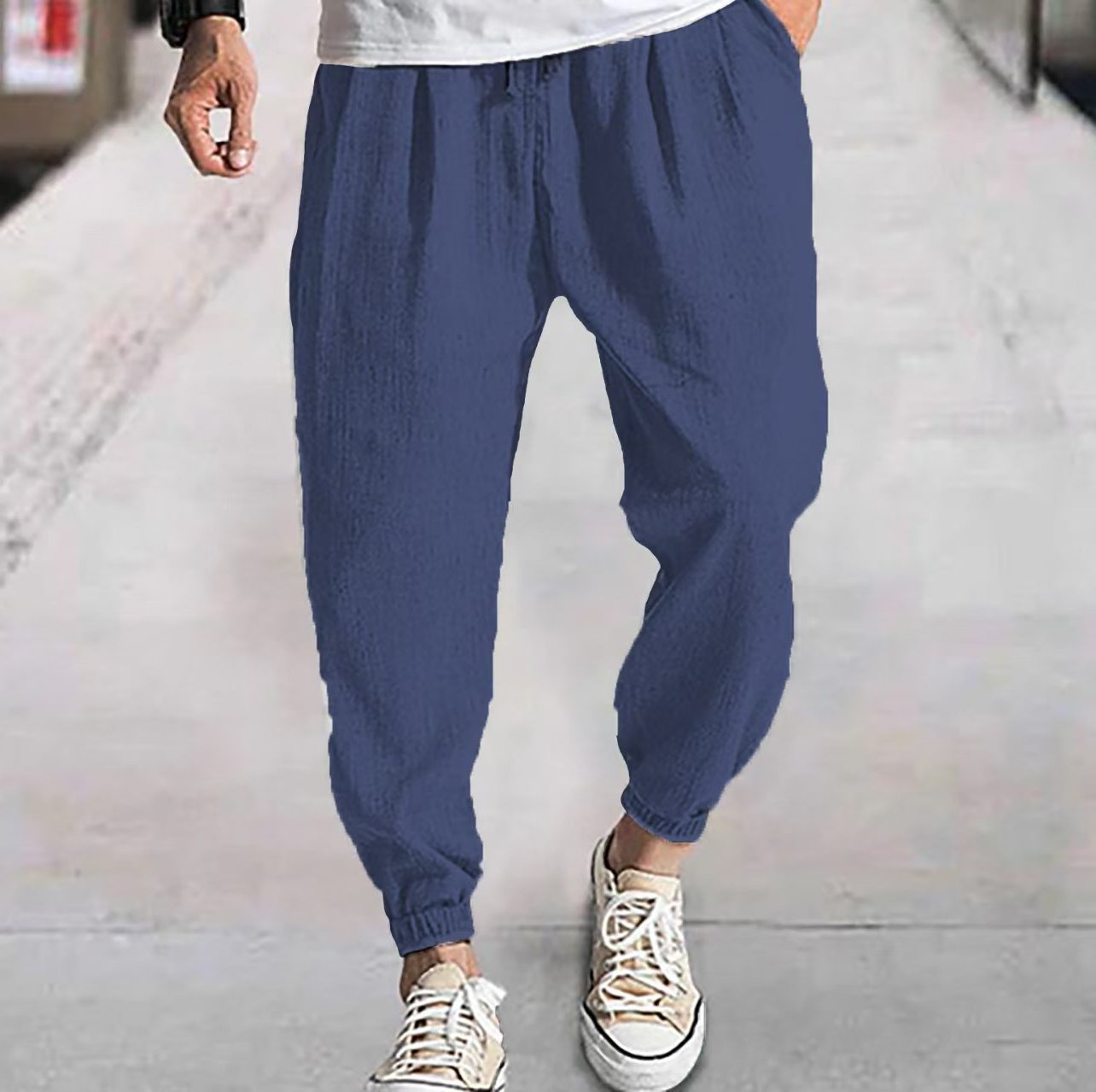 Linen Cargo Tapered Trousers for Men - Navy