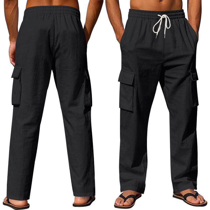 Linen Cargo Trousers with Side Pockets for Men - View 5