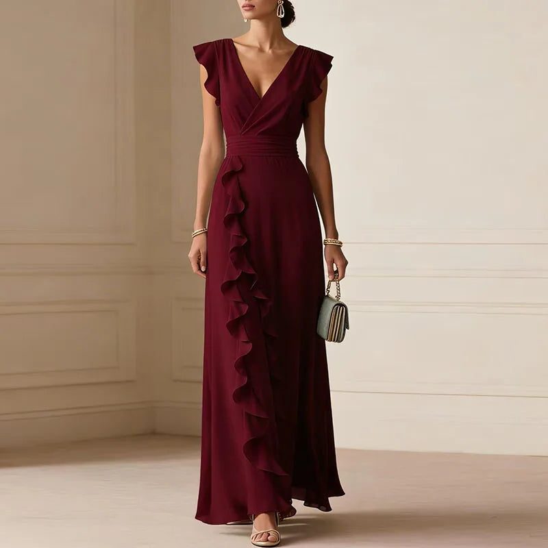 V-Neck Ruffle Trim Maxi Dress for Women - Wine Red