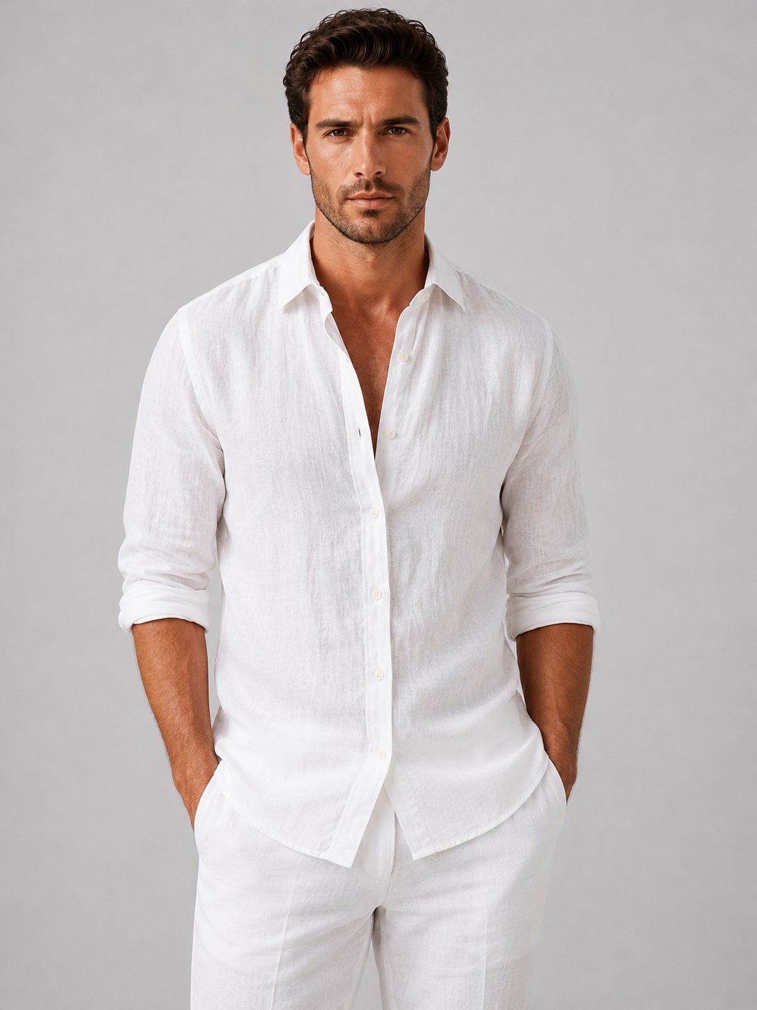 Linen Look Relaxed Fit Button-Up Shirt for Men - White