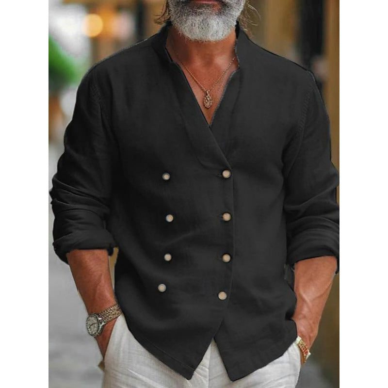 Double-Breasted Linen Shirt with Stand Collar for Men