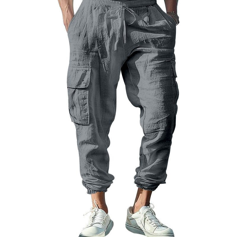 Linen Cargo Joggers with Drawstring for Men - View 4