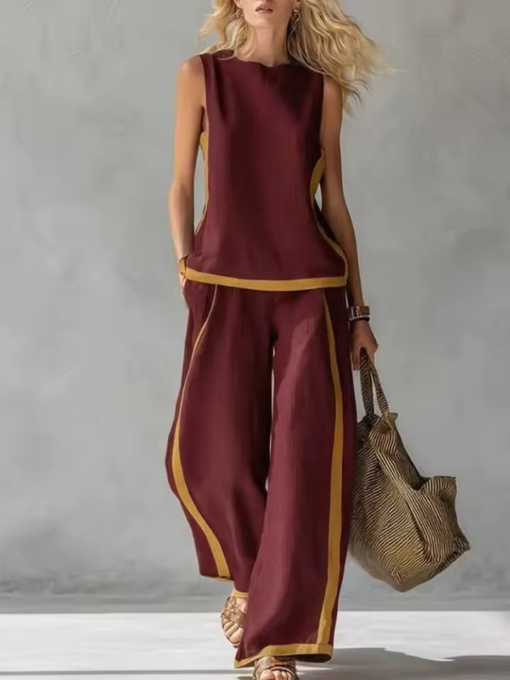 Sleeveless Wide Leg Linen Set for Women - Red