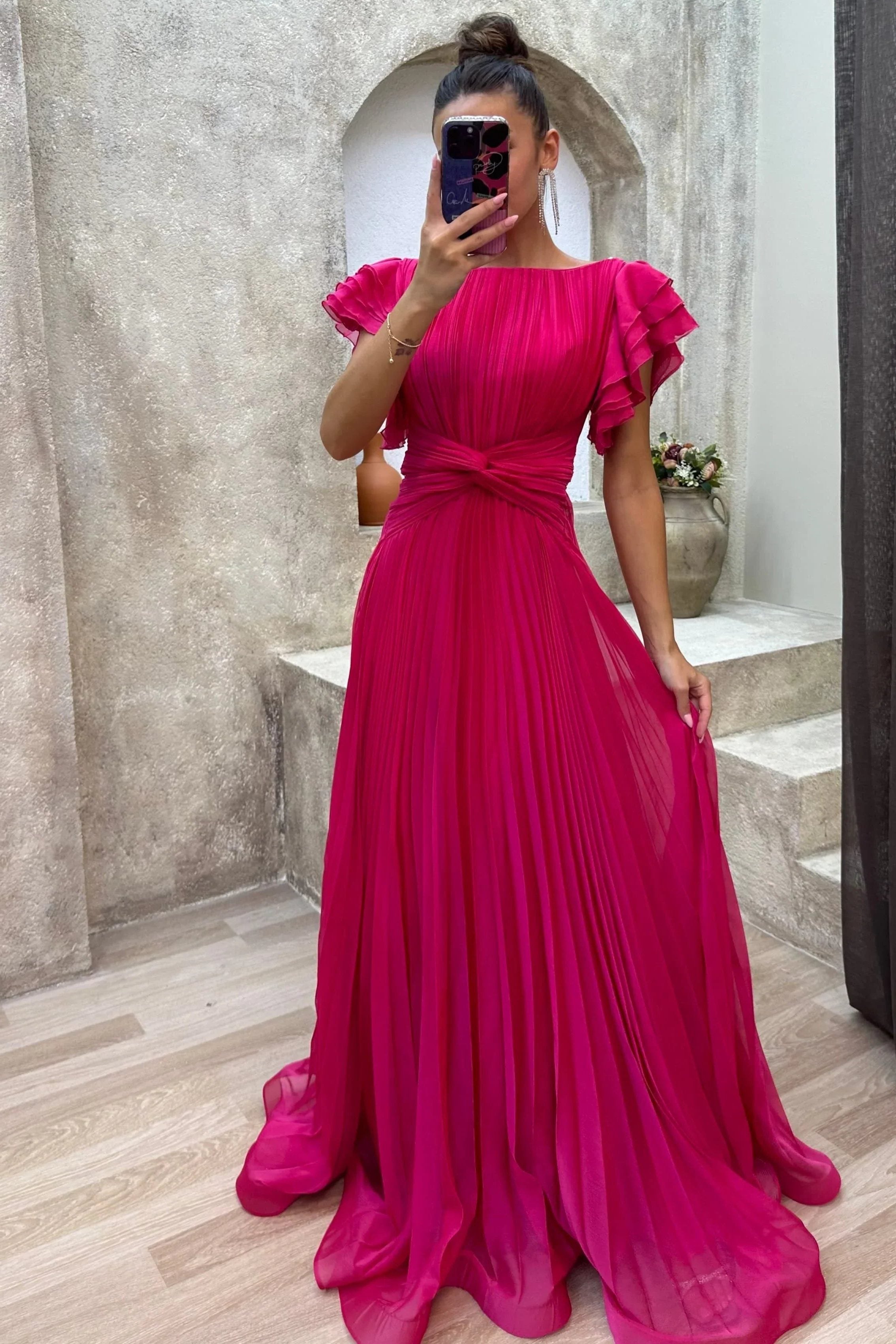 Pleated Belted Wedding Guest Maxi Dress for Women