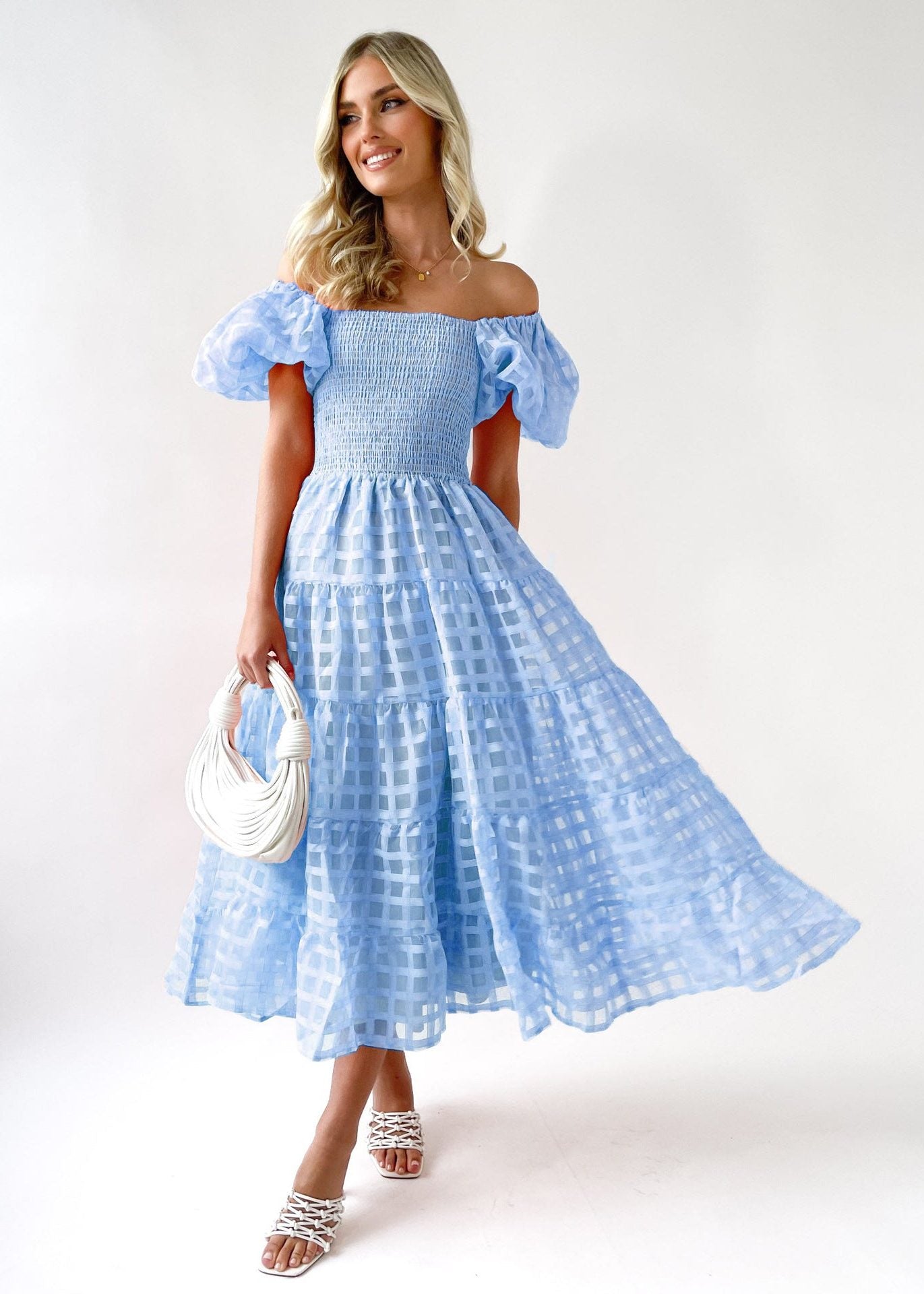 Puff Sleeve A-Line Wedding Guest Maxi Dress for Women - Blue