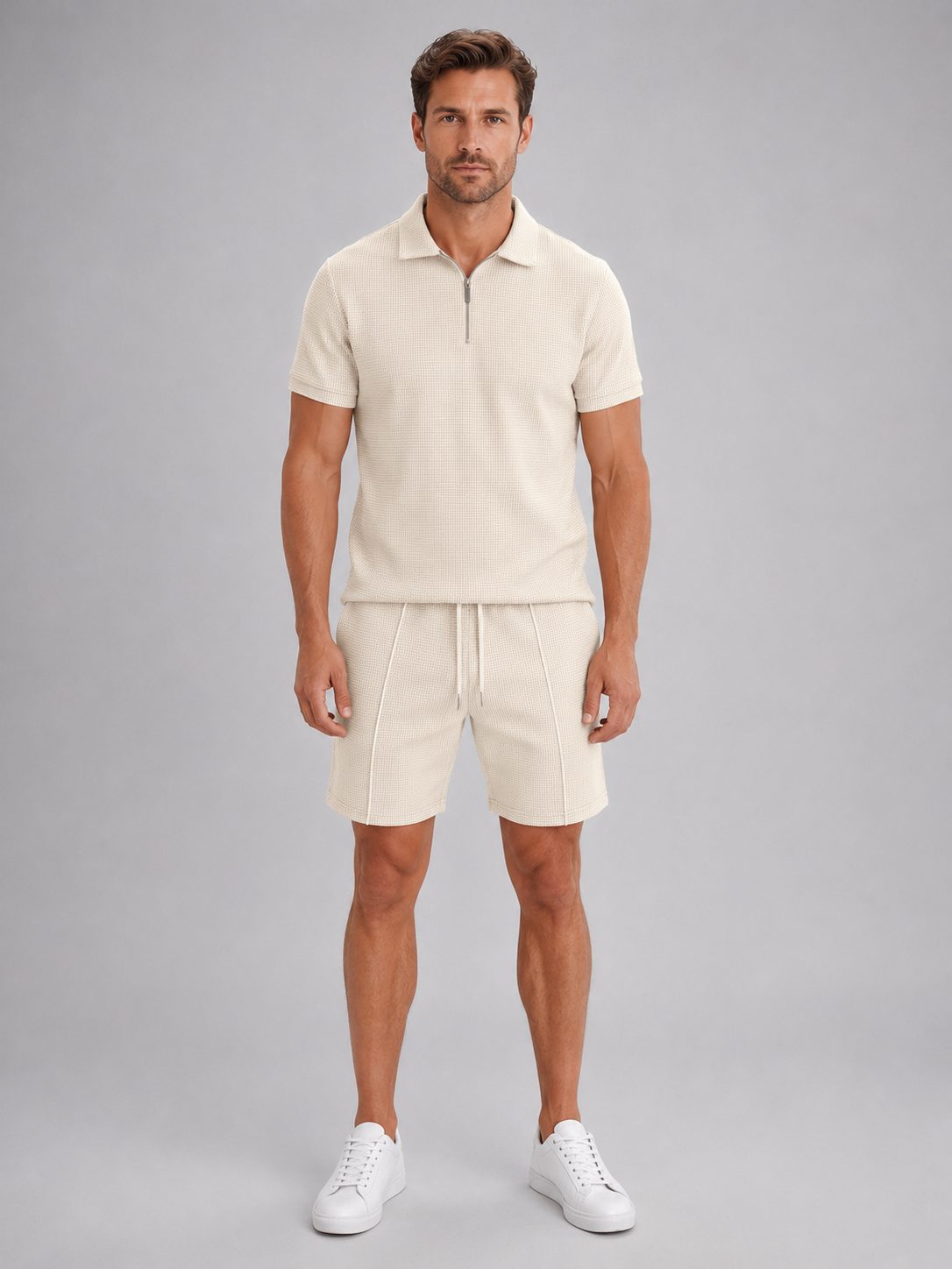 Ribbed Knit Zip Polo Shorts Set for Men
