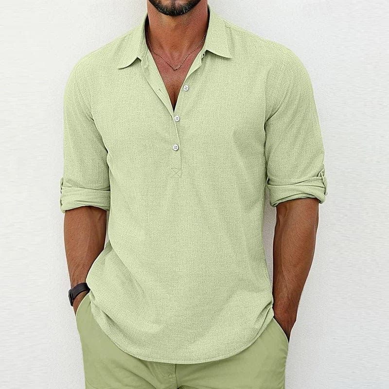 Linen Polo Shirt with Collar and Button Closure for Men - Green