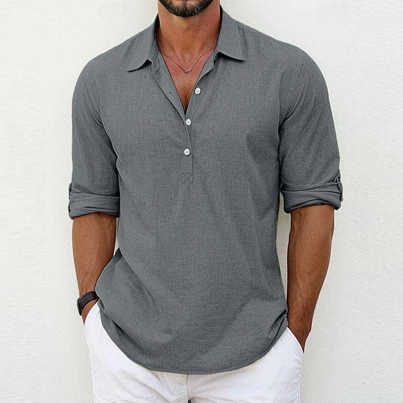 Linen Polo Shirt with Collar and Button Closure for Men - Grey