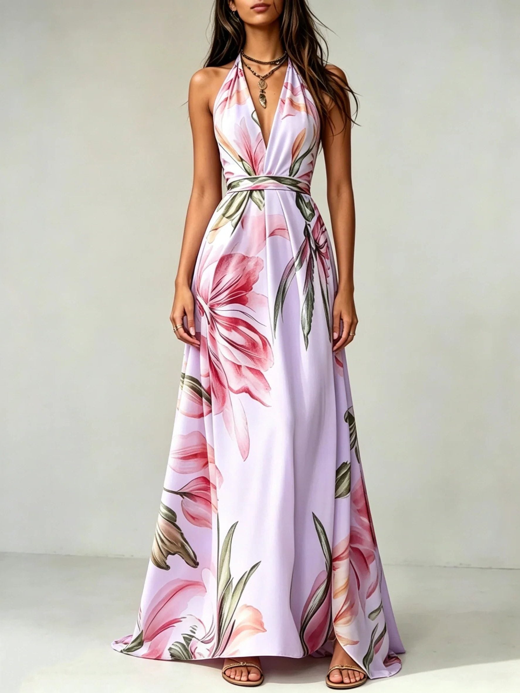 Halterneck Floral Wrap Maxi Dress for Women - Purple