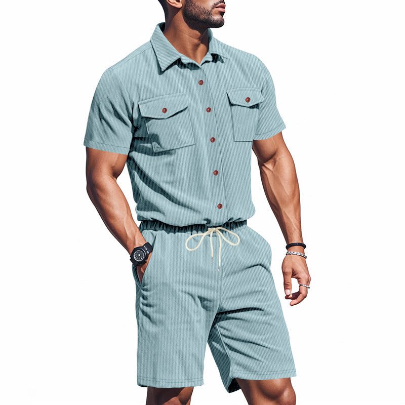 Short Sleeve Shirt and Shorts Set for Men - Blue