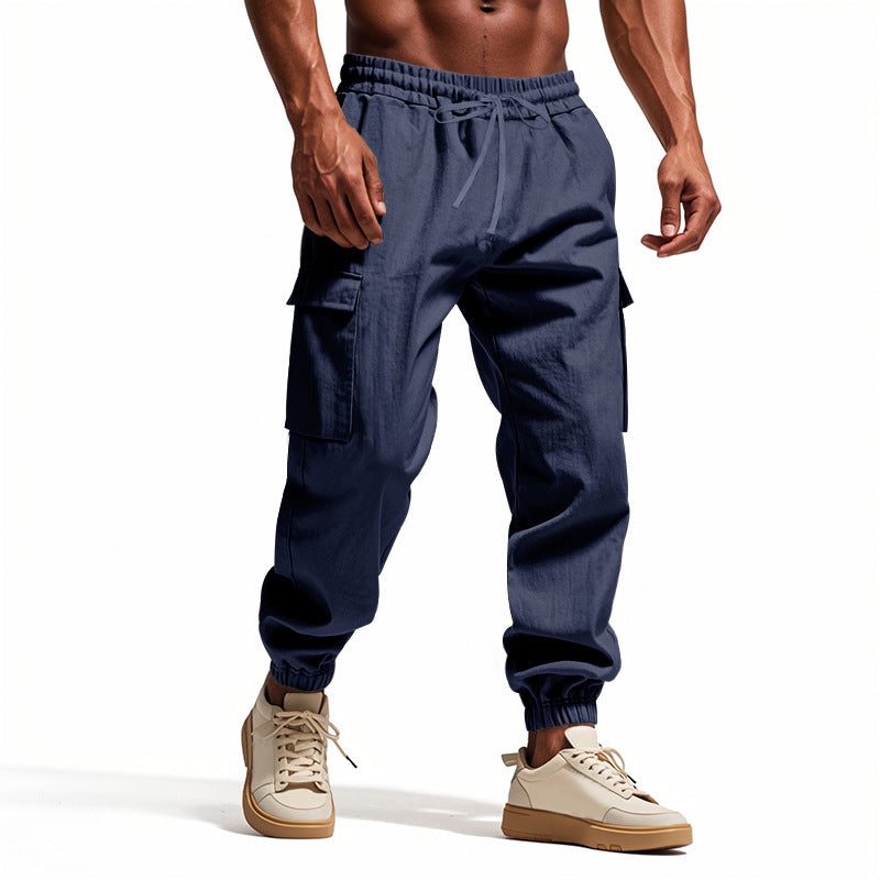 Linen Cargo Joggers with Tapered Ankle for Men - Navy Blue