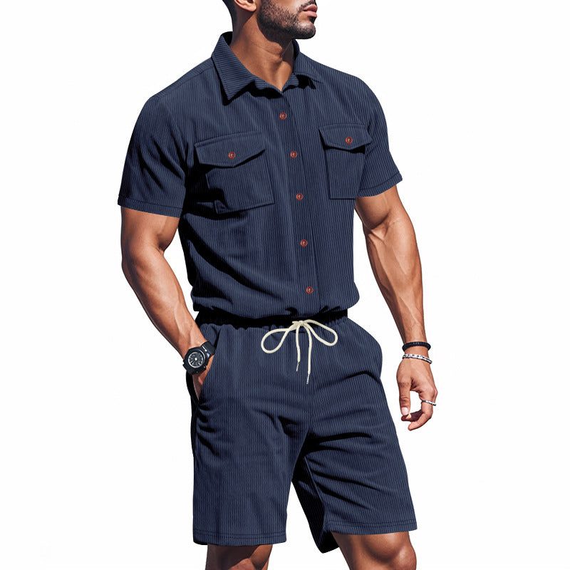 Short Sleeve Shirt and Shorts Set for Men - Navy
