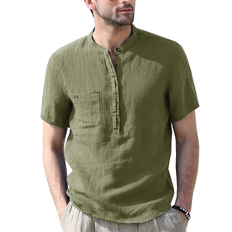 Linen Short Sleeve Henley Shirt for Men - Olive Green
