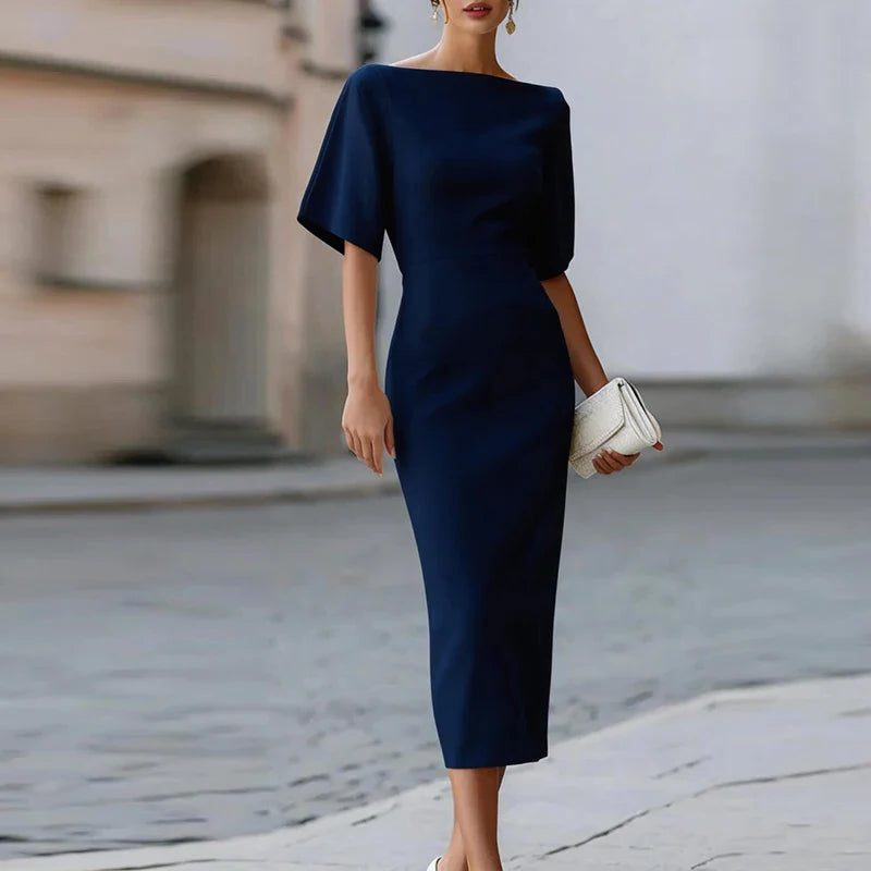 Midi Bodycon Dress with Short Sleeves for Women - Blue
