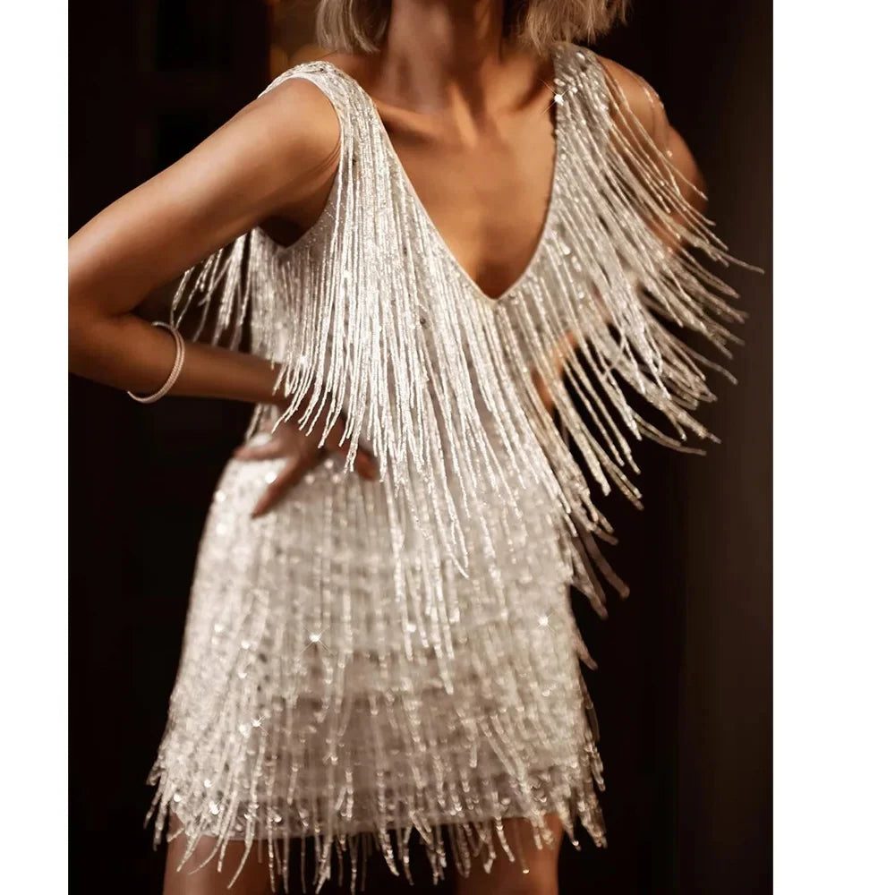 V-Neck A-Line Fringed Midi Dress for Women - Silver
