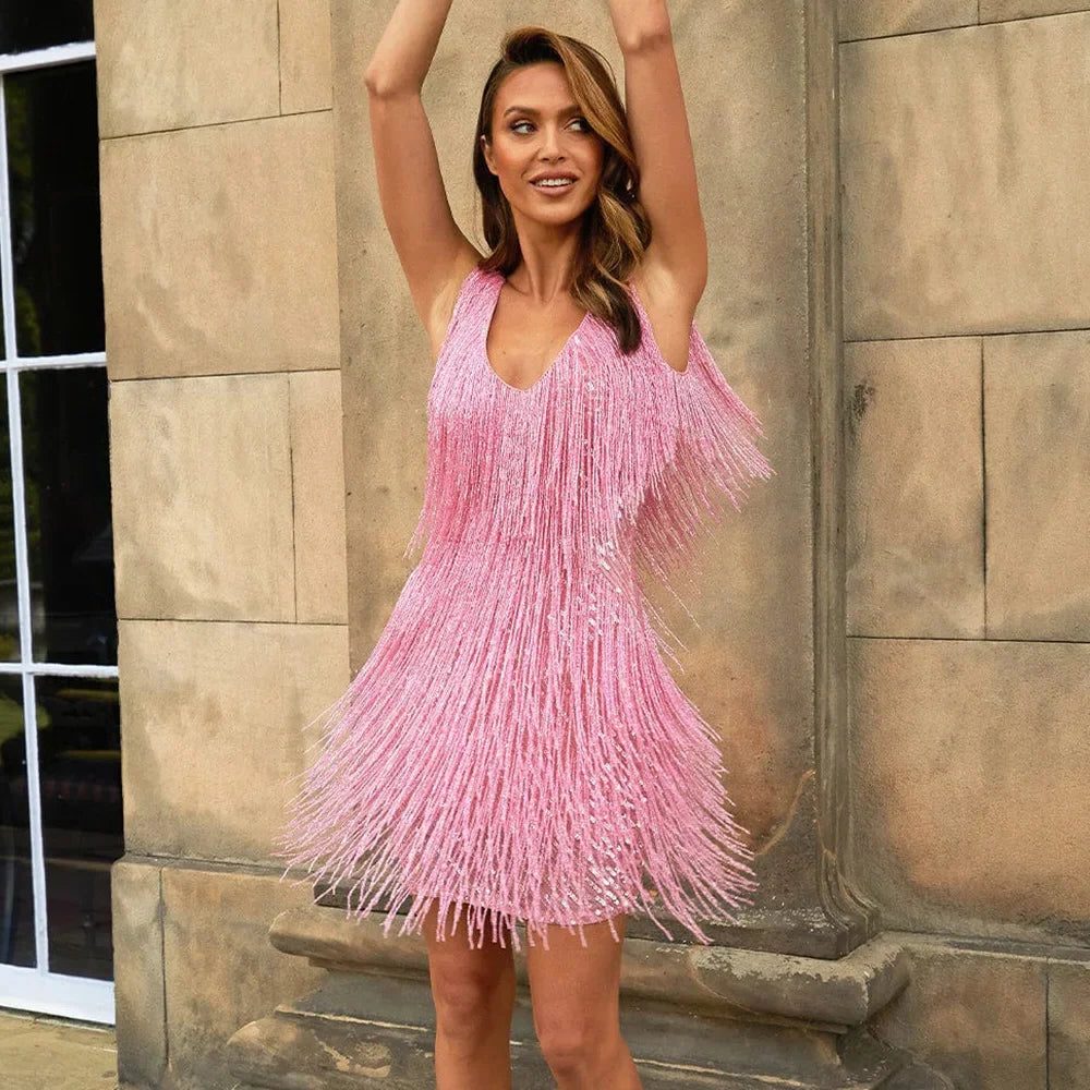 V-Neck A-Line Fringed Midi Dress for Women - Pink