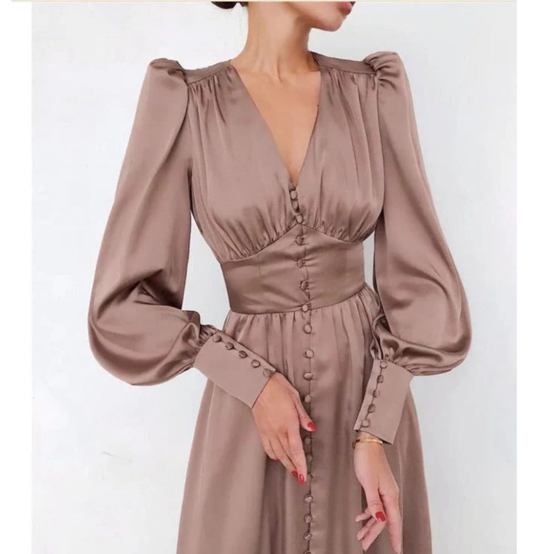 V-Neck Maxi Dress with Puff Sleeves for Women - Khaki