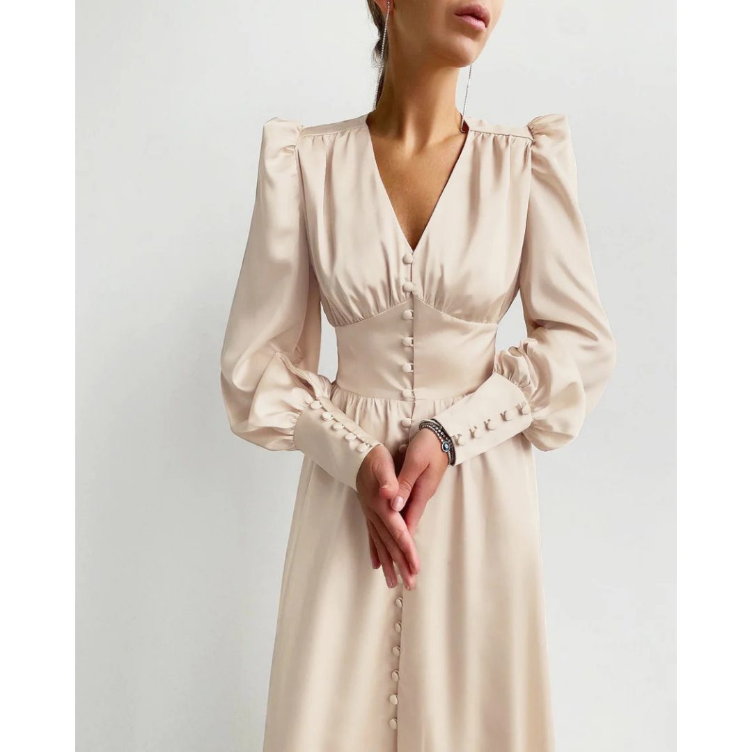 V-Neck Maxi Dress with Puff Sleeves for Women